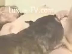 A dog gets to lick a naked honey.
